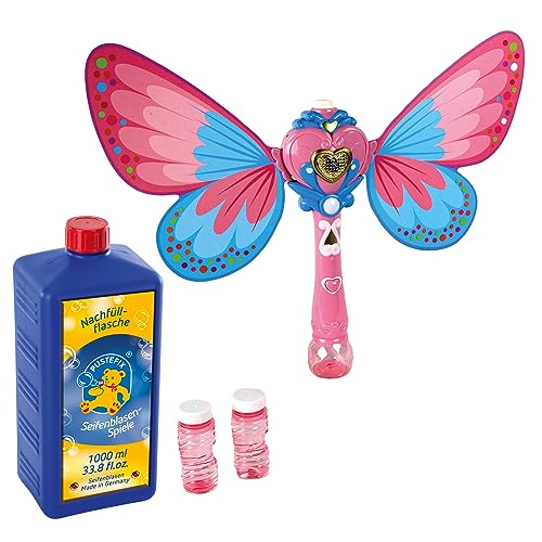 PUSTEFIX Zauberstab Butterfly I Seifenblasen Stab mit Nachfüllflasche Maxi 1L I Mit Ventilator, Licht & Soundeffekten I Leicht abnehmbare Flügel von Pustefix