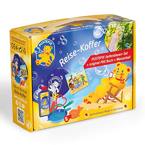 Pustefix Reisekoffer Set I Seifenblasen-Set + original Pixi Buch + Wasserball I Bunte Rainbow Bubbles Made in Germany I Seifenblasen für Kinder & Erwachsene I 250 ml von Pustefix