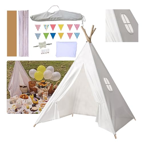 Putentfun Kindertipi Spielzelt Dacron 120x120x160cm Tipi Zelt für Kinder mit Tragetasche&Farbige Flaggen,Waschbar Kinderzelt für Drinnen,Tipi Zelt Kinderzimmer,4 Tungholz Stabilisierung Kinderzelt b von Putentfun