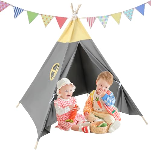 Putentfun Tipi Zelt für Kinder Tippi Kinderzelt Kinderzelt für drinnen,Kindertipi Spielzelt Lesezelt Kuschelecke Kinderzimmer Deko,Tipi Zelt Kinderzimmer mit Fenster(Gelb+Grau) von Putentfun