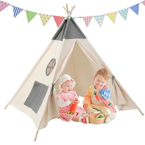 Putentfun Tipi Zelt für Kinder Tippi Kinderzelt Kinderzelt für drinnen,Kindertipi Spielzelt Lesezelt Kuschelecke Kinderzimmer Deko,Tipi Zelt Kinderzimmer mit Tragetasche & Farbige Flaggen(Beige+Grau) von Putentfun