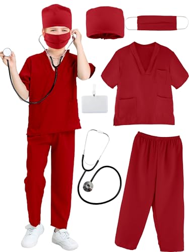 Puteraya Arzt-Kostüm-Set für Kinder, Chirurgischer Anzug, Uniform für Jungen und Mädchen, Halloween, Cosplay, Weinrot, 4–5 Jahre (110–120 cm) von Puteraya