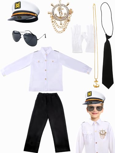 Puteraya Kinder-Kostüm-Set, Seemanns-Yacht-Kostüm-Set, Matrosen-Outfits, Kapitän-Uniformen für Jungen, Kinder, Halloween, Cosplay (Captain Kostüm Stlye 2, 10–12 Jahre (140–160 cm) von Puteraya