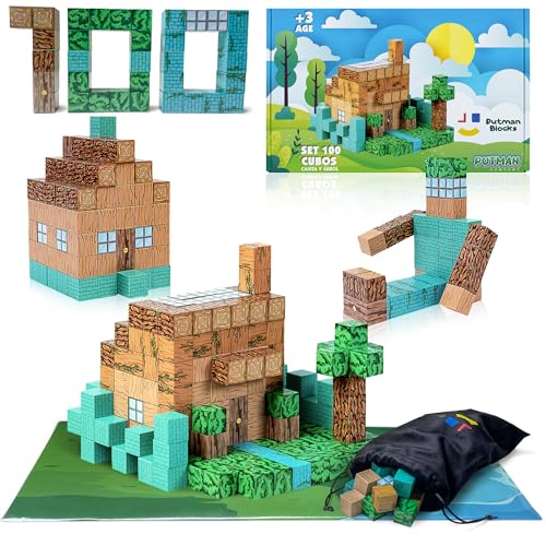 Putman Blocks Magnetische Bausteine für Kinder, Deluxe-Edition, Haus und Baum, 100 Teile + Tasche + Basis, Spielzeug für Kinder ab 3 Jahren von Putman Blocks