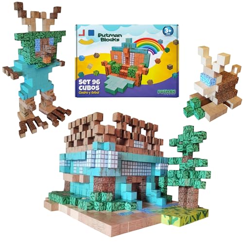 Putman Blocks Magnetischen Bausteinen für Kinder Set - 96 STÜCK - Spielzeug für 3 4 5 6 7 8 Jahre - Gesellschaftsspiele für 3-99 Jahre - Montessori-Würfel Edition Haus und Baum von Putman Blocks