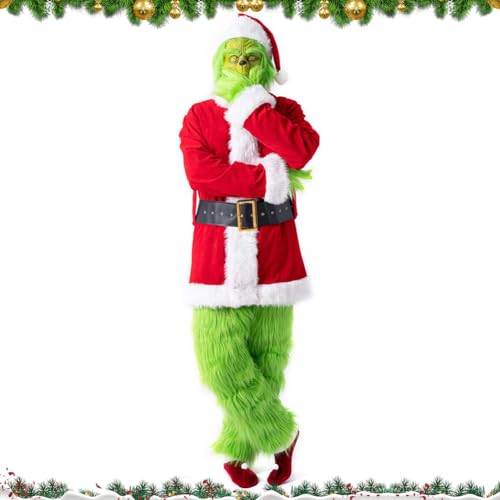 Putniu Grünes Grinch Kostüm für Erwachsene, Grinch Costumes Monster-Kostüm, Weihnachtsmann Kostüm, 7 Stück (L) von Putniu