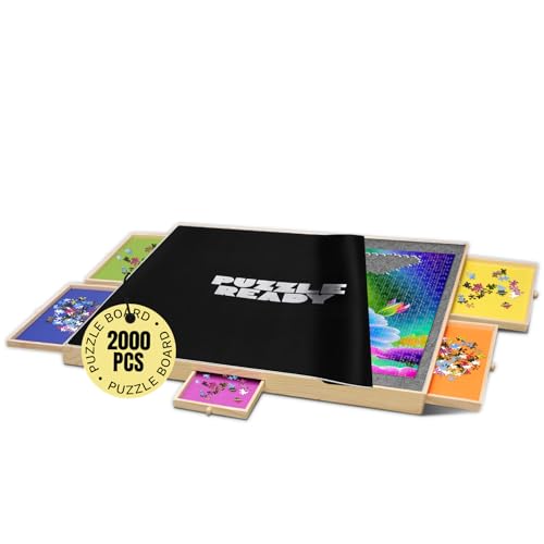 Großes Puzzlebrett 2000 Teile - 41" x 32" Puzzlebrett mit 5 bunten Schubladen & Abdeckmatte - Brettspiel Puzzletisch mit Filzarbeitsfläche & Tragegriff für Erwachsene & Kinder - Puzzle Ready von Puzzle Ready