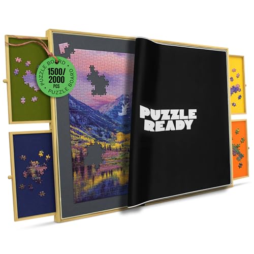 Puzzlebrett mit Schubladen & Abdeckmatte - 1500/2000 Teile Holzpuzzle-Tisch - 40,5" X 27" tragbares Puzzlebrett mit Abdeckung für Puzzler - Bunte Puzzlefächer zum Sortieren - Puzzle Ready von Puzzle Ready