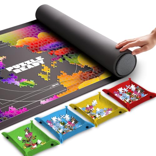 Puzzle Ready Puzzlematte zum Aufrollen – 116,8 x 74,9 cm Puzzlematte, tragbar, bis zu 1500 Puzzles, 4 Puzzle-Sortierschalen, Aufbewahrungstasche, Schaumstoffrollrohr, 3 Klettverschlussriemen von Puzzle Ready