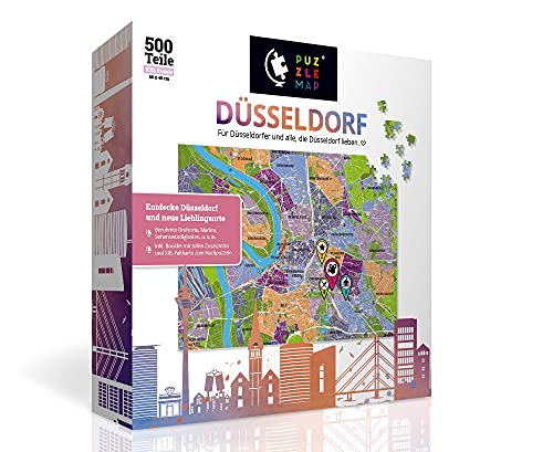 PuzzleMap Düsseldorf Puzzle Stadtplan - XXL 500 Teile - Mit Booklet & Faltkarte - 68x48cm Motivgröße - Reiseführer Geschenk Souvenir von PuzzleMap