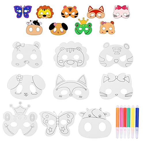 9 Tiermasken mit 6 Aquarellstifte, DIY Blanko Bemalen Masken für Kinder, Frosch Löwe Tiger Schmetterling Cosplay Maske, Bühnenaufführungen Thema Party Carnival Bastelset für Mädchen Jungen von Pwsap