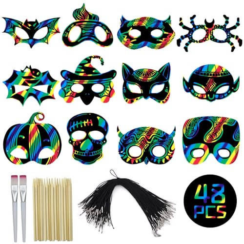 Pwtuuki 48 Stück Scratch Art Maske für Kinder, Halloween Kratzbilder Bastelsets, Fledermaus, Spider, Hexen, Kürbis Kratzbilder Maske Karneval Party Spiele Geschenk für Kinder Halloween Deko Zubehör von Pwtuuki