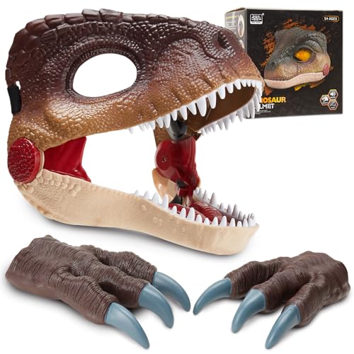 Pwtuuki Dino Maske mit Sound Beweglichen Kiefer, Hartplastik Dino Maske with 2 Claws, Dinosaurier Party maske Halloween Dino Kostüm Spielzeug Geschenk für Kinder Junge Mädchen von Pwtuuki