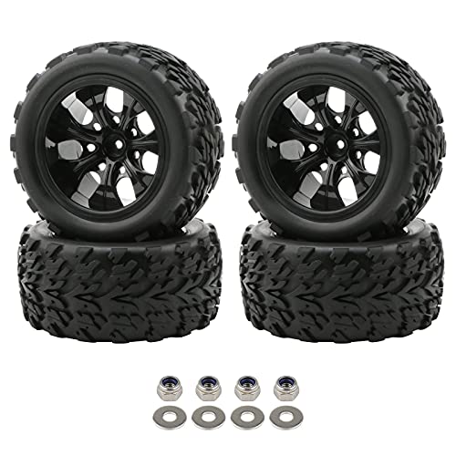 Pxyelec Gummireifen für Monstertruck 1:10 RC Auto Rad Typ Reifen mit 7 Speichen Felge Schwarz RC Teile von Pxyelec