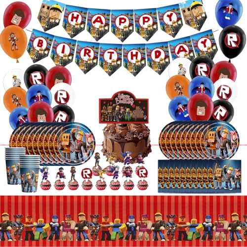 95PCS Rob-lox Geburtstag Deko, Geburtstag Geschirr Set, Partygeschirr mit Happy Birthday Banner Teller Servietten Tischdecke Pappbecher für Jungen Mädchen Luftballon von Pynvxo