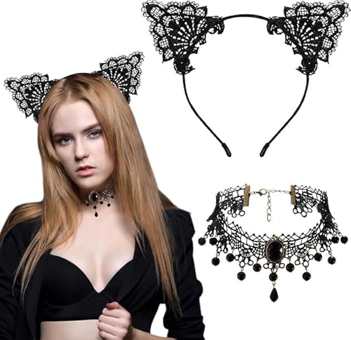 Pynvxo Cat Ears Headband Carnival Cat Ears Women with Lace Necklace Halloween Headpiece Cat Ears Cosplay for Women Carnival Halloween von Pynvxo