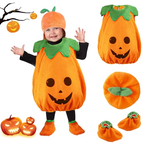 Pynvxo Dekoration Halloween Kürbis Kostüm Kinder, Halloween kürbis Kostüm mit hut Schuhe, Kleinkind Mädchen Jungen Pumpkin Cosplay Kleidung für Halloween Party Fasching 2-3 Jahre von Pynvxo