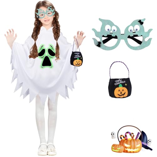 Pynvxo Halloween Kostüm Kinder Geist, Geist Kostüm Kinder, Halloween Kostüme für Mit Einer Kürbistasche, Halloween Geist Gruselkleid für Kinder, Jungen, Mädchen, Halloween Party Cosplay(Weiß) von Pynvxo