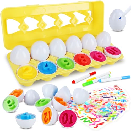 Pynvxo Matching Eggs Toy A Montessori Eier Spielzeug 12 Stück Ostereier Passende Eier, Farben Formen Und Nummer Sortieren Skills Spielzeug Ostereier Puzzle Eier ab 1 Jahren, Passende Geschenke von Pynvxo