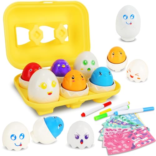 Matching Eggs Toy B Montessori Eier Spielzeug 6 Stück Ostereier Passende Eier, Farben Und Formen Sortieren Skills Spielzeug Ostereier Puzzle Eier ab 1 Jahren, Passende Geschenke von Pynvxo