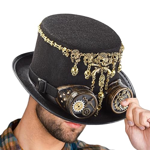 Pzuryhg Steampunk-Hut, Verkleidungskappe mit abnehmbarer Brille, kreativer Halloween-Hut mit Totenkopf-Kette für Halloween, Karneval, Cosplay von Pzuryhg