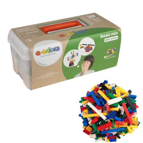 Kreativ-Bauset mit klassischen Bausteinen | 500-teiliges Set | 7 klassische Formen | 6 Farben | 100% kompatibel | Hergestellt in der EU | Verpackt in einem wiederverwendbaren Koffer | Basismischung von Q-Bricks