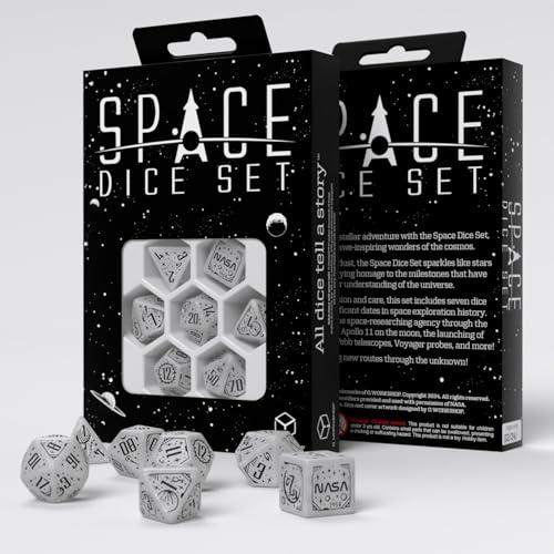 Q-Workshop Weltraum-Würfel-Set, Apollo RPG Würfelset, inspiriert von der NASA Apollo – schimmerndes Weiß mit schwarzen Gravuren – perfekt für Tischspiele & RPGs – 7 polyedrische Würfel (D4, D6, D8, von Q Workshop