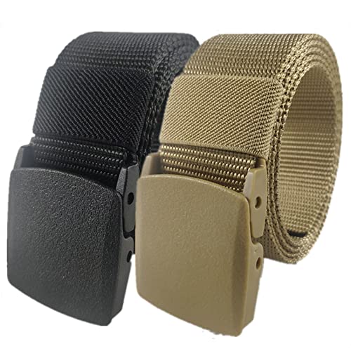 Mann überquert schnell die Sicherheit am Flughafen Nylon Belt for Men Women Military Tactical Heavy Duty Belt Quick Release Metal Free Canvas Belt,120 x 3.8 cm x 2 Pack(Black and Khaki) von QCKNKMGG