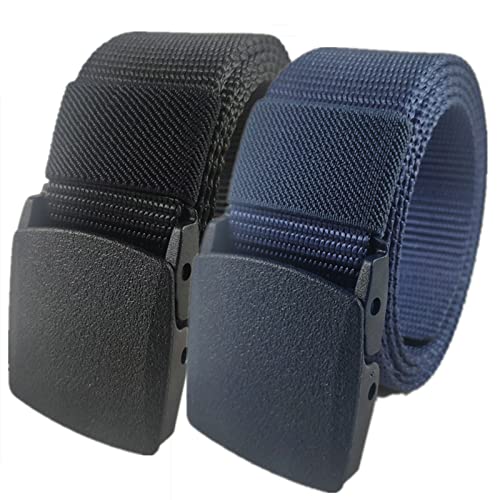 Mann überquert schnell die Sicherheit am Flughafen Nylon Belt for Men Women Military Tactical Heavy Duty Belt Quick Release Metal Free Canvas Belt,120 x 3.8 cm x 2 Pack(Black and Navy) von QCKNKMGG