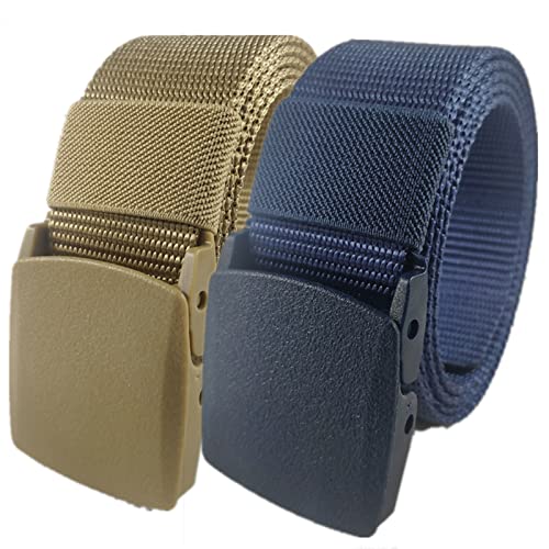 QCKNKMGG Mann überquert schnell die Sicherheit am Flughafen Nylon Belt for Men Women Military Tactical Heavy Duty Belt Quick Release Metal Free Canvas Belt,120 x 3.8 cm x 2 Pack(Khaki and Navy) von QCKNKMGG