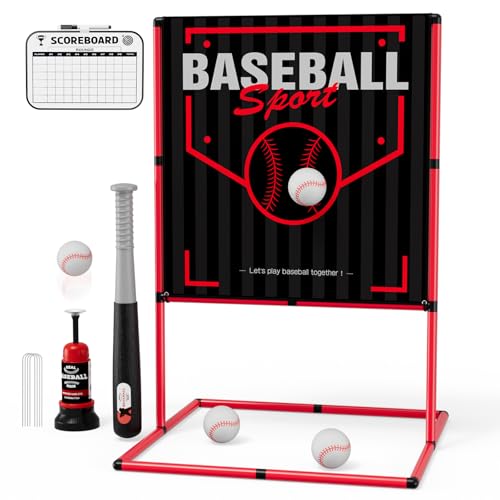 QDRAGON 2 in 1 Baseball Strike Zone Ziel mit automatischer Pitch Maschine, justierbarer Höhe T Ball Set mit 3 Softbällen/Schläger für Junge Kleinkinder Kinder, Outdoor Indoor Sport Spielzeug von QDRAGON