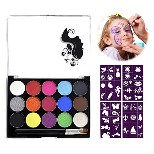 1 Kinder-Make-up-Set (15 Farben); kommt mit Make-up-Pinsel und Mustervorlage, professionelle Make-up-Farben, waschbar, Gesichts- und Körper-Make-up; Verwendung für Karneval, Ostern, Halloween von QEEQPF