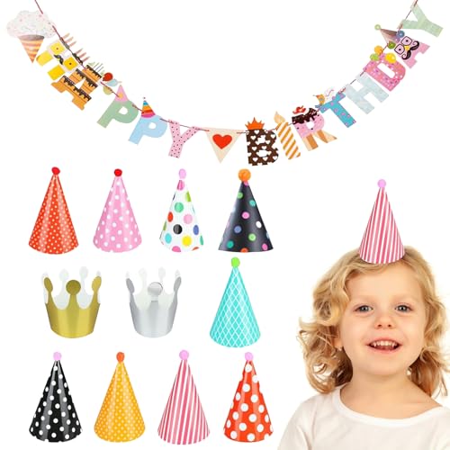 QEEROYO 12 Stück Partyhüte Geburtstag Set, Bunte Partyhüte Party Kegel Hüte, Partyhüte zum Geburtstag, Kinder Partyhüte Set, Partyhüte Kinder, Papier Krone Hut Party Kegel Hüte Kindergeburtstag Tröte von QEEROYO