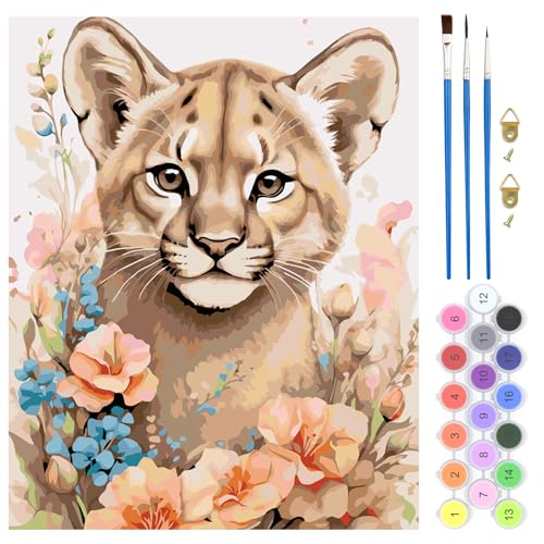 QENSPE DIY Malen nach Zahlen Erwachsene, Löwe Erwachsene Malen nach Zahlen Kits auf Leinwand, Blume Malen nach Zahlen Kunsthandwerk Geschenk für Home Wall Deco 40x50cm (rahmenlos) von QENSPE