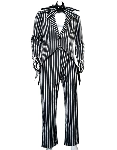 Jack Skellington Herren-Kostüm, schwarz-weiß gestreift, Frack, Hose, Totenkopf-Handschuhe, Fliege, komplettes Set, Cosplay-Anzüge, Schwarz Weiß, 3XL von QENUIA