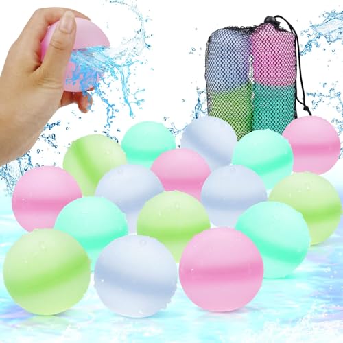 16 Stück Wiederverwendbare Wasserballons, Nachfüllbare Silikon Wasserbälle Strand Pool Spielzeug für Kinder Erwachsene, Outdoor-Sommer-Wasserspielzeug mit Mesh-Beutel, Sommer-Mottoparty-Vorräte (C) von QETRABONE