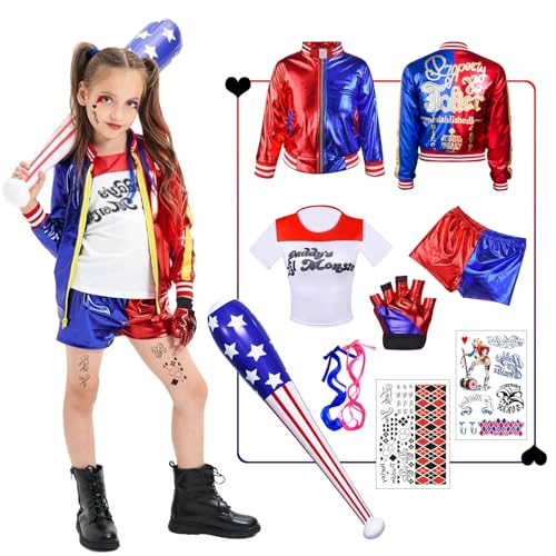 QGKFFOB Quinn Kostüme Kinder, Mädchen Bösewicht Quinn Cosplay Suicide Clown Kostüm Set mit Jacke, T-Shirt, Shorts, Handschuh Perücken Tattoo Baseballschläger Cosplay für Karneval Faschings Halloween von QGKFFOB