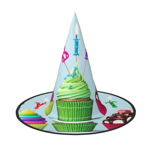 QGWDYYJQ Farbenfroher Happy Birthday Cupcakes bedruckter Halloween-Hut Hexenhut Halloween Glow Hat von QGWDYYJQ