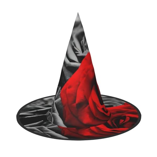 QGWDYYJQ Schwarz-weiße und rote Rosen bedruckter Halloween-Hut Hexenhut Halloween Glow Hat von QGWDYYJQ