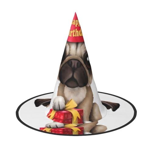 QGWDYYJQ Süßer Happy Birthday Mops Welpe bedruckter Halloween-Hut Hexenhut Halloween Glow Hat von QGWDYYJQ