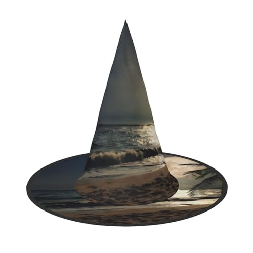 QGWDYYJQ Tropischer Strandpalme mit Vollmond Sternennacht bedruckter Halloween-Hut Hexenhut Halloween Glow Hat von QGWDYYJQ