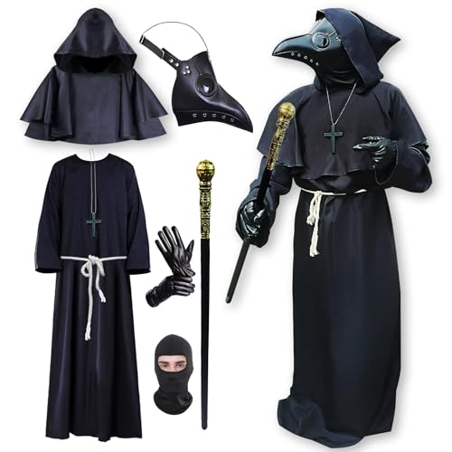 QGWJEKUI Pest Arzt Kostüm, Pest Arzt Maske, Cosplay Halloween Maske Kostüm für Erwachsene Männer Frauen, Schwarz von QGWJEKUI