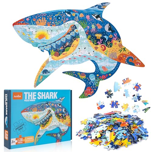 Kinderpuzzle, 128 Teile Ozean Hai Tier Puzzle Pädagogisches Spielzeug Holzpuzzle Jigsaw Kinder Lernspielzeug Geschenk für Jungen Mädchen ab 3 5-12 Jahren (Hai) von QH-Shop