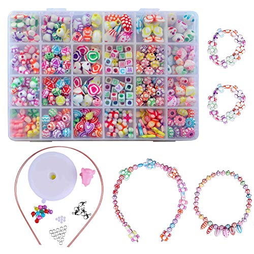 QH-Shop Perlen für Kinder, DIY, Perlen, Kunststoff, bunt, 24 Fächer, Bastelset, Schmuckherstellung, Armbandherstellung, Halskette aus PVC, Box als Geschenk für Kinder, Mädchen, 400 Stück von QH-Shop