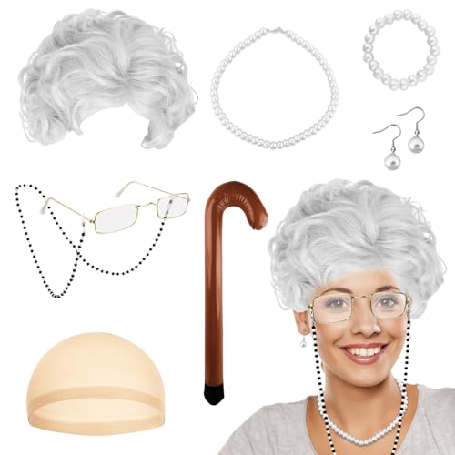 8 Stück Old Lady Kostüm Großmutter Cosplay Zubehör Set Oma Kostüm Alte Frau, Oma Perücke mit Perückenmütze, Perlenkette Armband Ohrringe, Brille mit Kette & aufblasbarer Gehstock von QHSXMQ