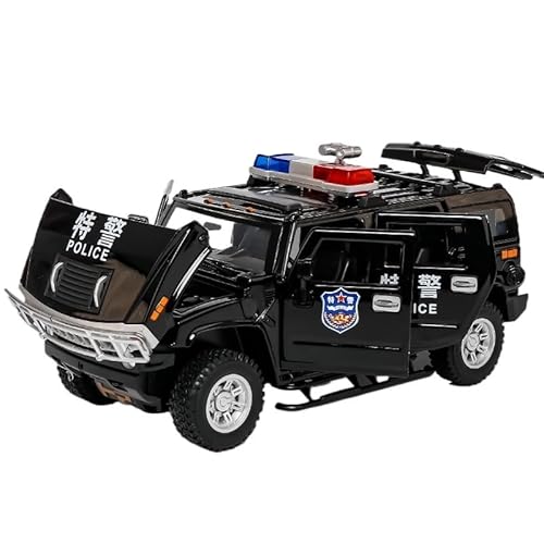 QIANKA Für 1/24 Skala Geeignet Für Hummer H2 Legierung Polizei Auto Modell Spielzeug Zurückziehen Sound Und Licht Off-Road-Fahrzeug(Black) von QIANKA