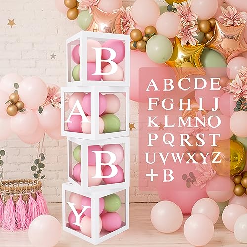 Babyparty Deko Box, Baby Shower Deko Boxen, 4 Stück 25cm Transparent Baby Box mit 27 Buchstaben für Babyparty Deko Junge oder Mädchen, Geburtstag, Baby Shower Deko, Gender Reveal Party von QIFU