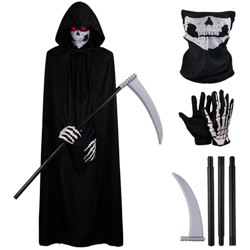 QIGHLIS Sensenmann Kostüm, Halloween Kostüm Schwarz Umhang mit Kapuze Sensenmann mit Sense Schädelmaske Kostüme Set für Erwachsene Halloween Dekoration Cosplay Sensenmann von QIGHLIS