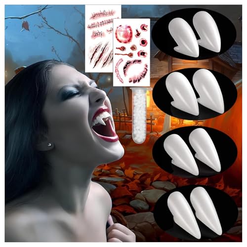 QIGHLIS Vampir Zähne Kit 4 Größen, Vampirzähne mit 1 Rohr Zähne Pellets Klebstoff und 2 Bögen Halloween Tattoo Vampire Fangs, Für Cosplay Party Requisiten halloween Vampire Teeth von QIGHLIS