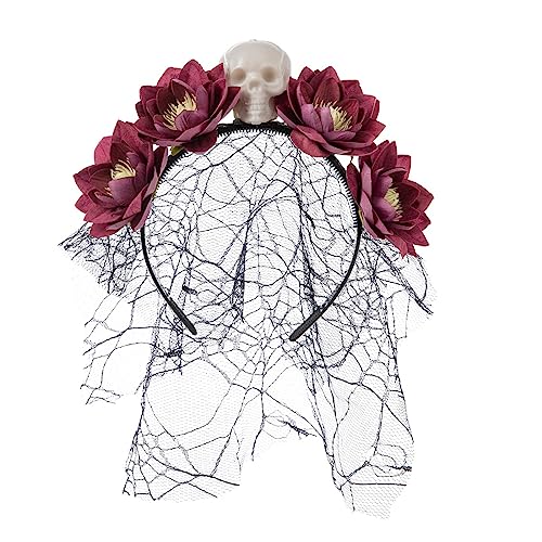 QIIIMSLSS Blumen- und Totenkopf-Form-Stirnband für Damen, Halloween, Party, Haarreif mit Schleier, Haarband, Frau, Fotografieren, Haarschmuck von QIIIMSLSS